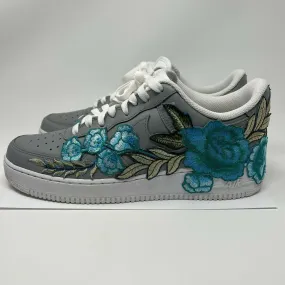  Air Force 1 Custom Teal Rose Low Flower Floral Gray White Shoes Mens Womens Kids Sizes AF1 Sneakers Elastic Sling