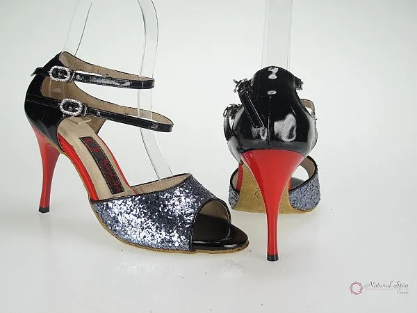 3.5" Bonnie -- Ultra Slim Heel  Latin Sandal -- Black Patent/Gun Metal Glitter with Red Heel Peace Mood