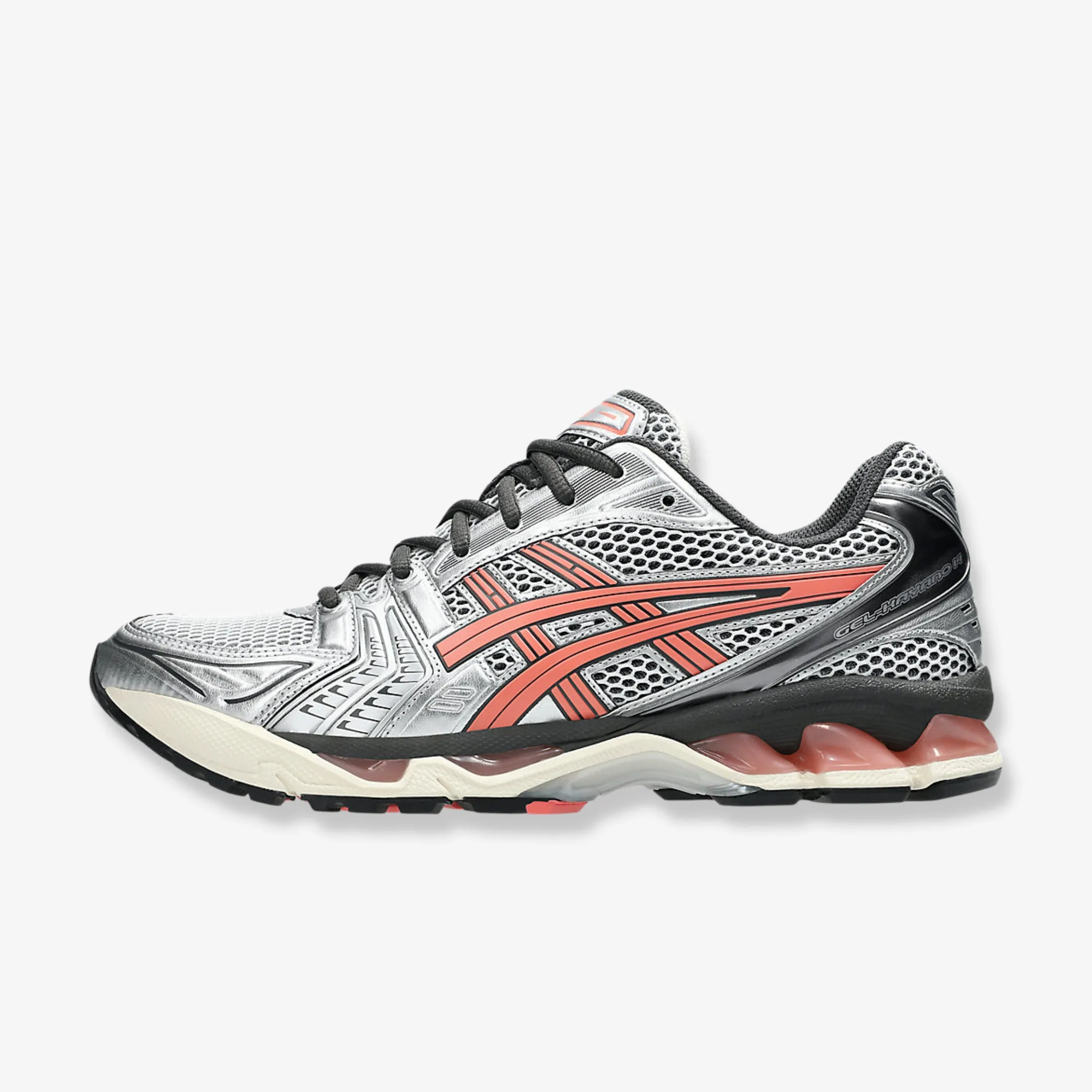 Flexible fold (Men's) ASICS Gel Kayano 14 'Pure Silver / Papaya' (2025) 1203A740-101 running in a travertine pool area shoes
