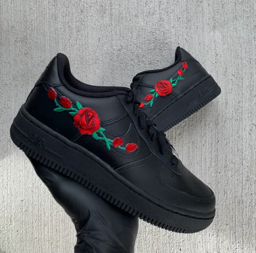 Mesh Fast Track Air Force 1 Custom Shoes Black Rose Red Flower Floral Low Men Women Kids AF1 Sneakers