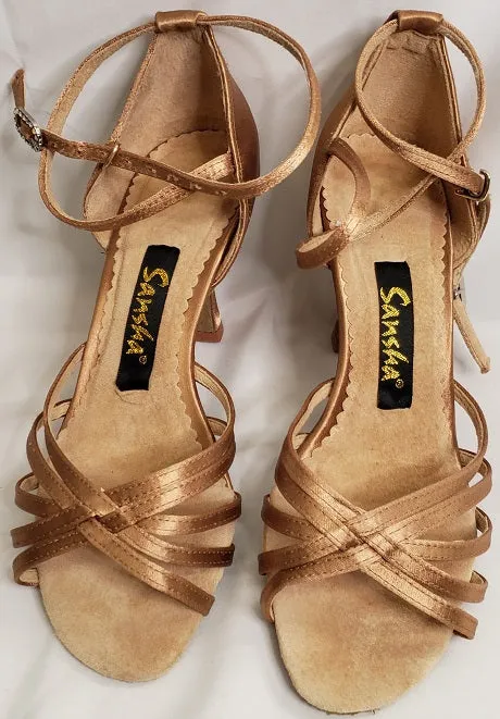 3" Leanne -- Flare Heel Latin Sandal -- Gold Satin Summer Heat