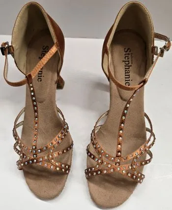 2.75" Norma -- Women's Flare Heel Latin Sandal -- Dark Tan Satin Video Look