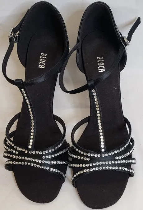 2.5" Guilia -- Flare Heel Latin Sandal with Rhinestones -- Black Satin Family Time