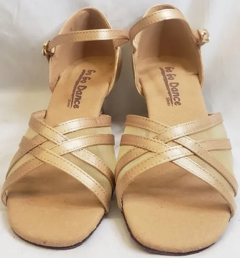 1.3" Harla -- Women's Thick Heel Latin Sandal -- Light Tan Satin Cushioned Short Trip