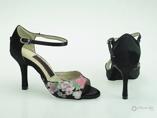 Black Edge 3.5" Angeline -- Stiletto Heel Latin Sandal -- Black Satin/Bohemia Color Flower Satin