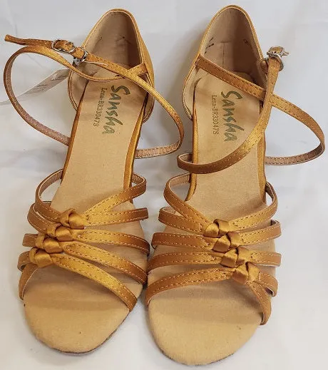 3" Lena -- Flare Heel Latin Sandal -- Tan Satin Pool Ready Air Boost