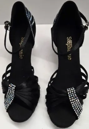 Arch support 2" Sabrina -- Women's Silver Flare Heel Latin Sandal -- Black Satin