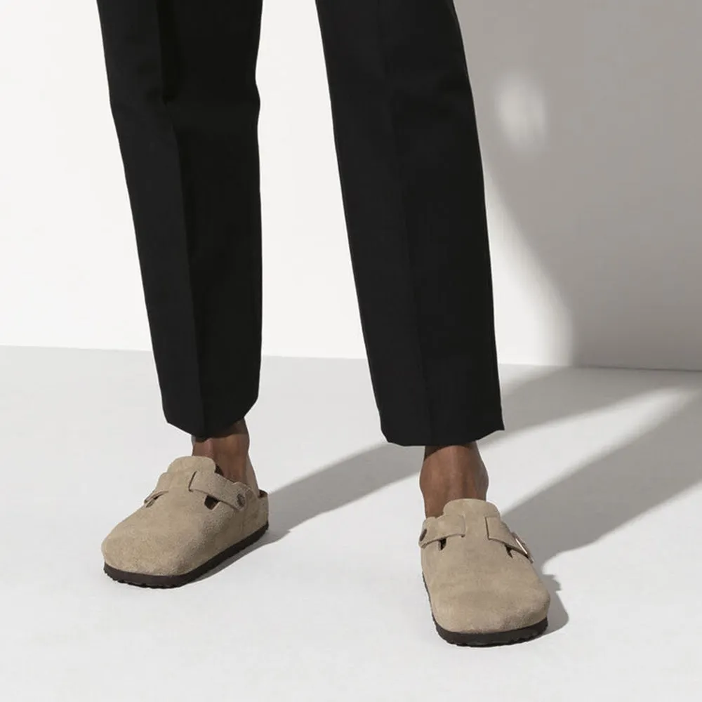 Mud Resistant Comfort Birkenstock Boston Softbed Suede Leather in Taupe Mountain Side