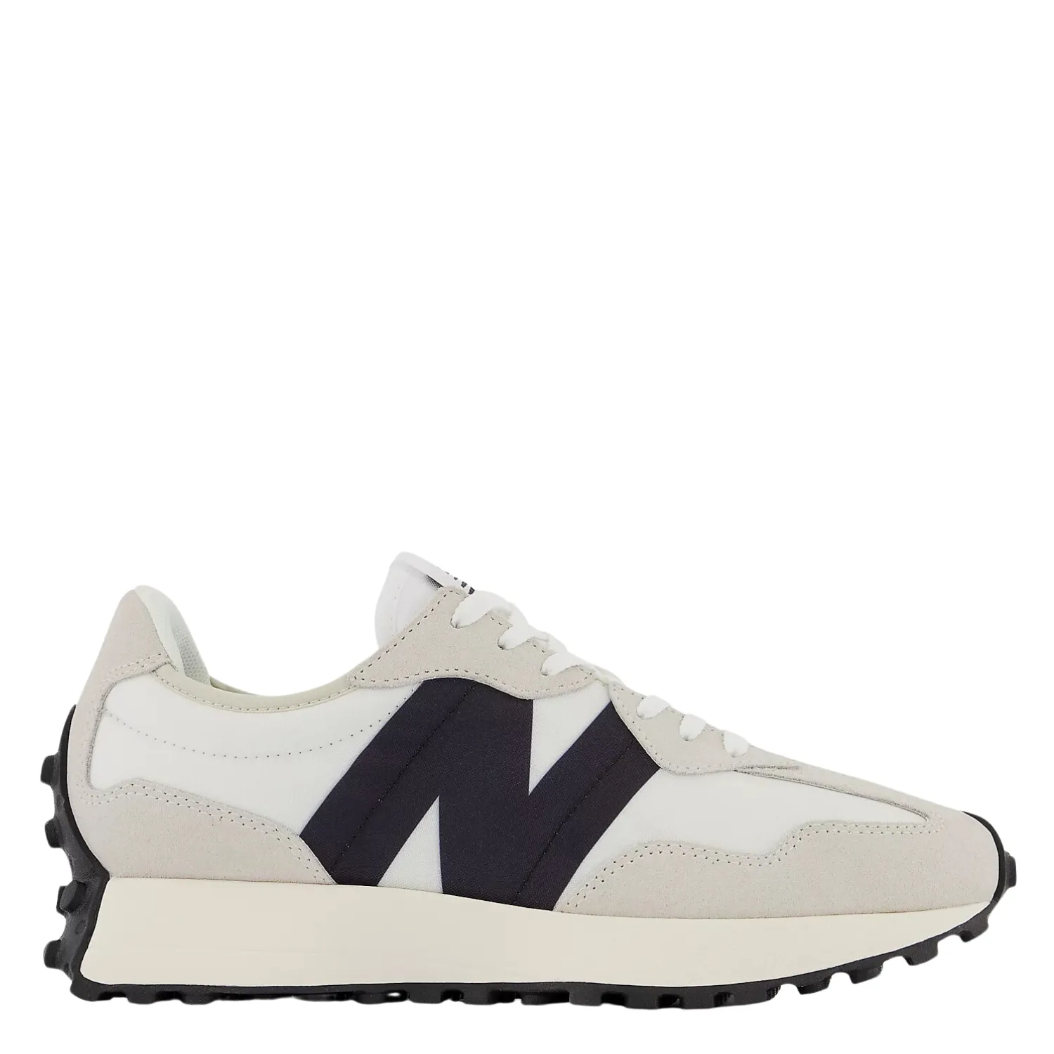 Tread Pattern Ergonomic Shape New Balance Women's 327 in Sea Salt with White and Black Mesh