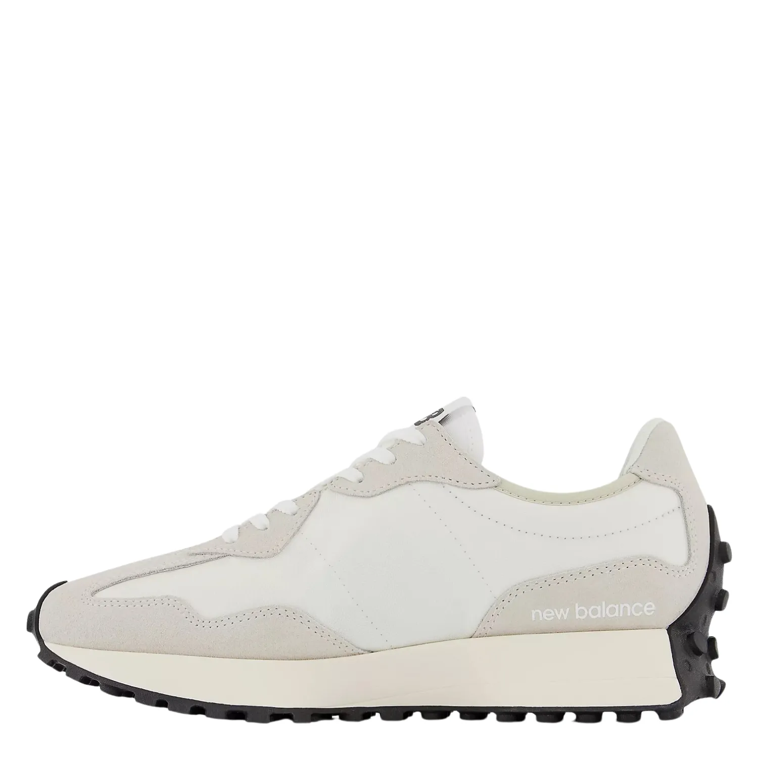 New Balance Women's 327 in Sea Salt with White and Black Rock-Resistant Team Match Desert Path