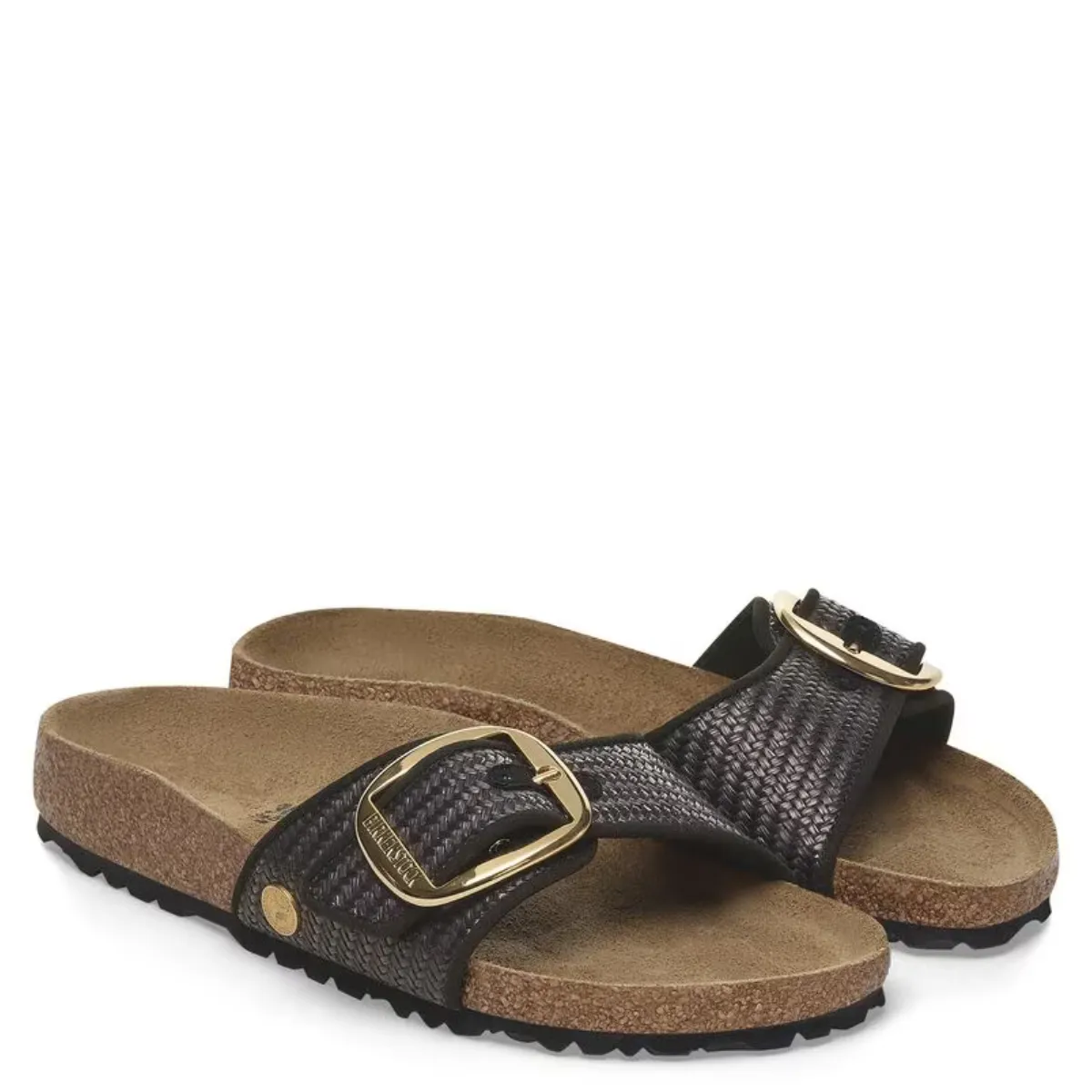 Padded Straps Birkenstock Women's Madrid Big Buckle Raffia Textile in Black Soft Support