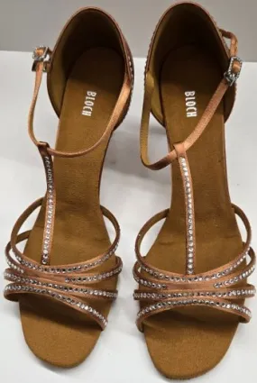 2.5" Guilia -- Flare Heel Latin Sandal with Rhinestones -- Dark Tan Satin Casual Move Soft Material