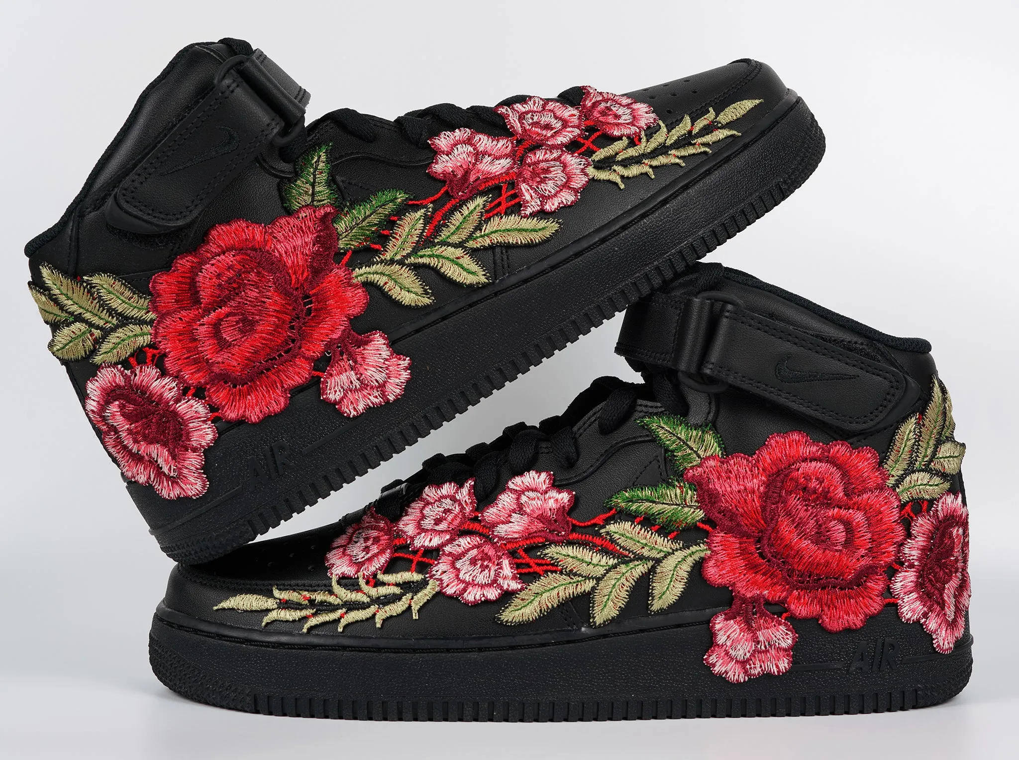 Work Base Weekend Casual Air Force 1 Custom Mid Red Rose Shoes Flower Floral Black Men Women & Kids All Sizes AF1 Sneakers