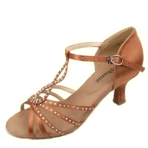2.75" Harriet -- Women's Flare Heel Latin Sandal -- Dark Tan Satin Step Light Harbor Mood