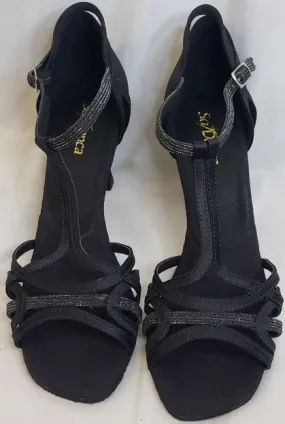 2.5" Tammy -- Flare Heel Latin Sandal -- Black Satin/Glitter Soft Material