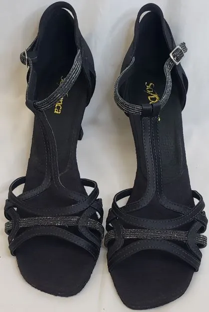 2.5" Tammy -- Flare Heel Latin Sandal -- Black Satin/Glitter Soft Material