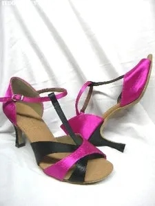 3" Natalie -- Flare Heel Latin Sandal -- Fuschia Satin/Black Satin Responsive Cushion Fitness Lovers