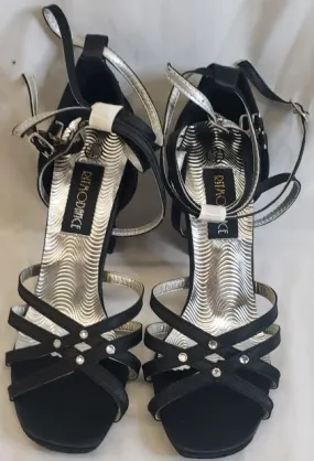 3.38" Vera -- Flare Heel Latin Sandal -- Black Satin Chic Cool