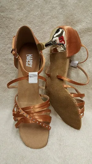 2.5" Scarlett -- Flare Heel Latin Sandal -- Tan Satin/Gold Heel Ventilated Mesh Long Distance Moon Walk