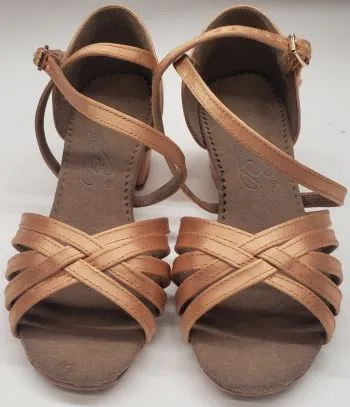 1.33" Suele -- Girl's Block Heel Latin Sandal -- Tan Satin Swim Ready Padded Comfort Standing Workers