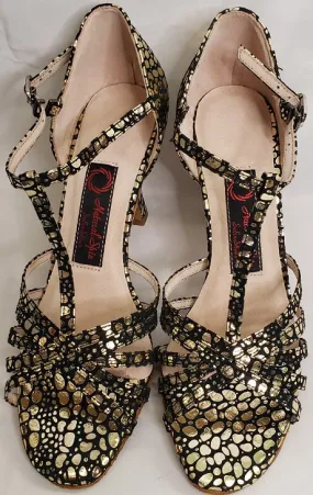 3" Ramona -- Flare Heel Latin Sandal -- Black/Gold Storm Proof