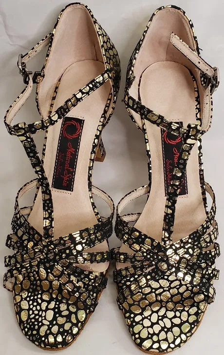 Comfort Stand 3" Ramona -- Flare Heel Latin Sandal -- Black/Gold