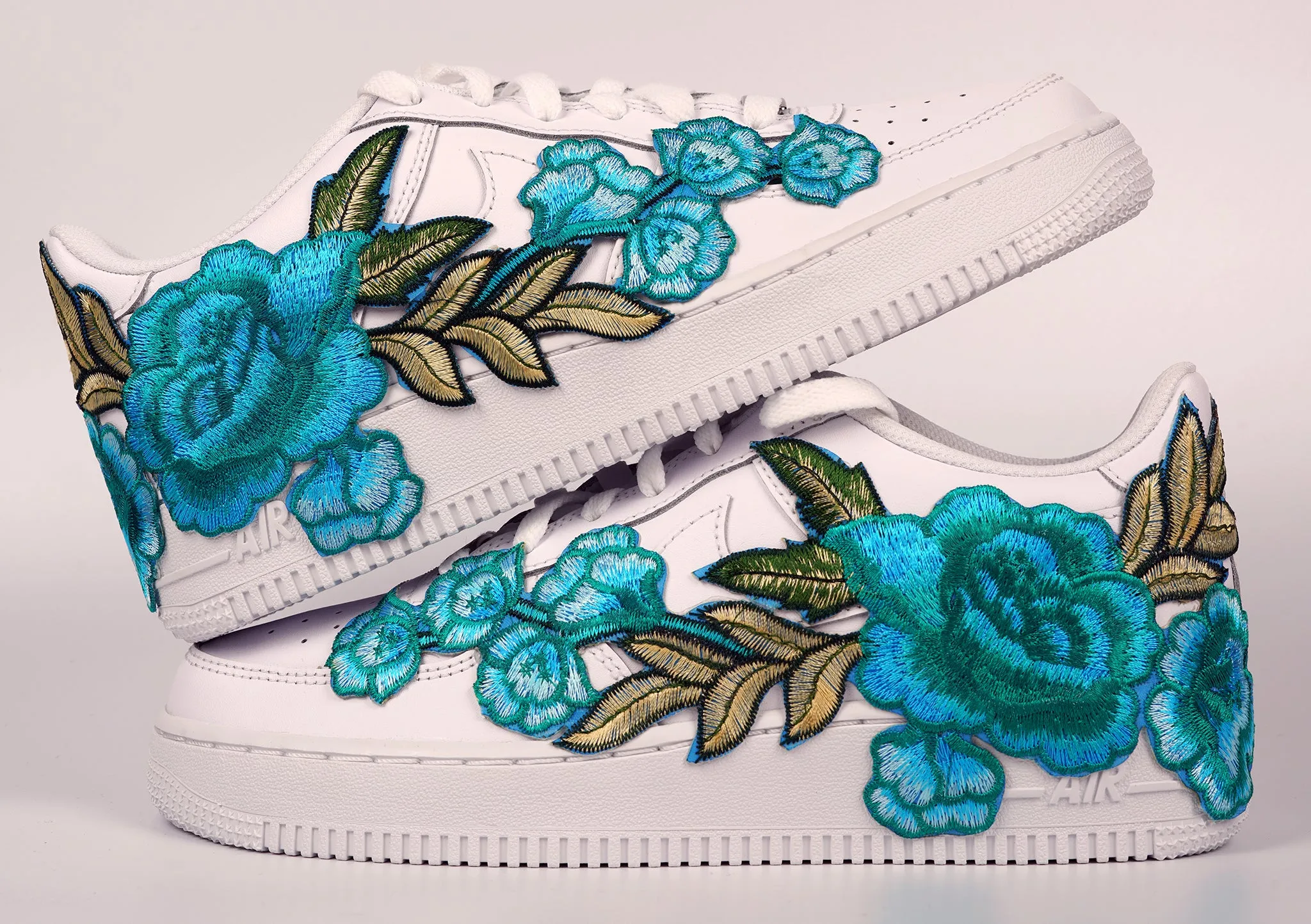Airy Design Rubber Sole Air Force 1 Custom Teal Rose Low Blue Flower Floral Shoes Mens Womens & Kids All Sizes AF1 Sneakers