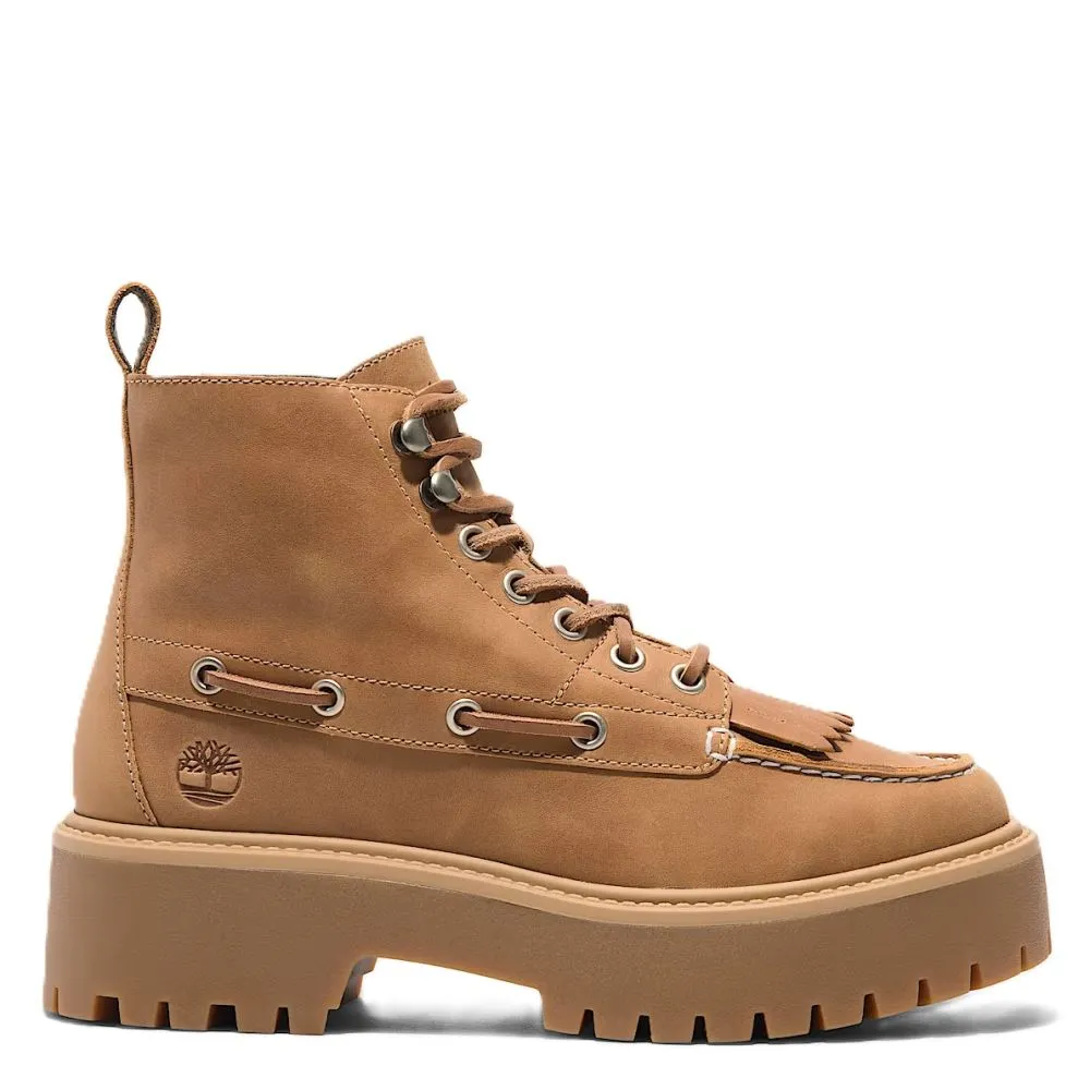 Versatile Footwear ArchSupport Timberland Women's Stone Street Mid 7-Eye Platform Boot in Wheat Full-Grain Practical