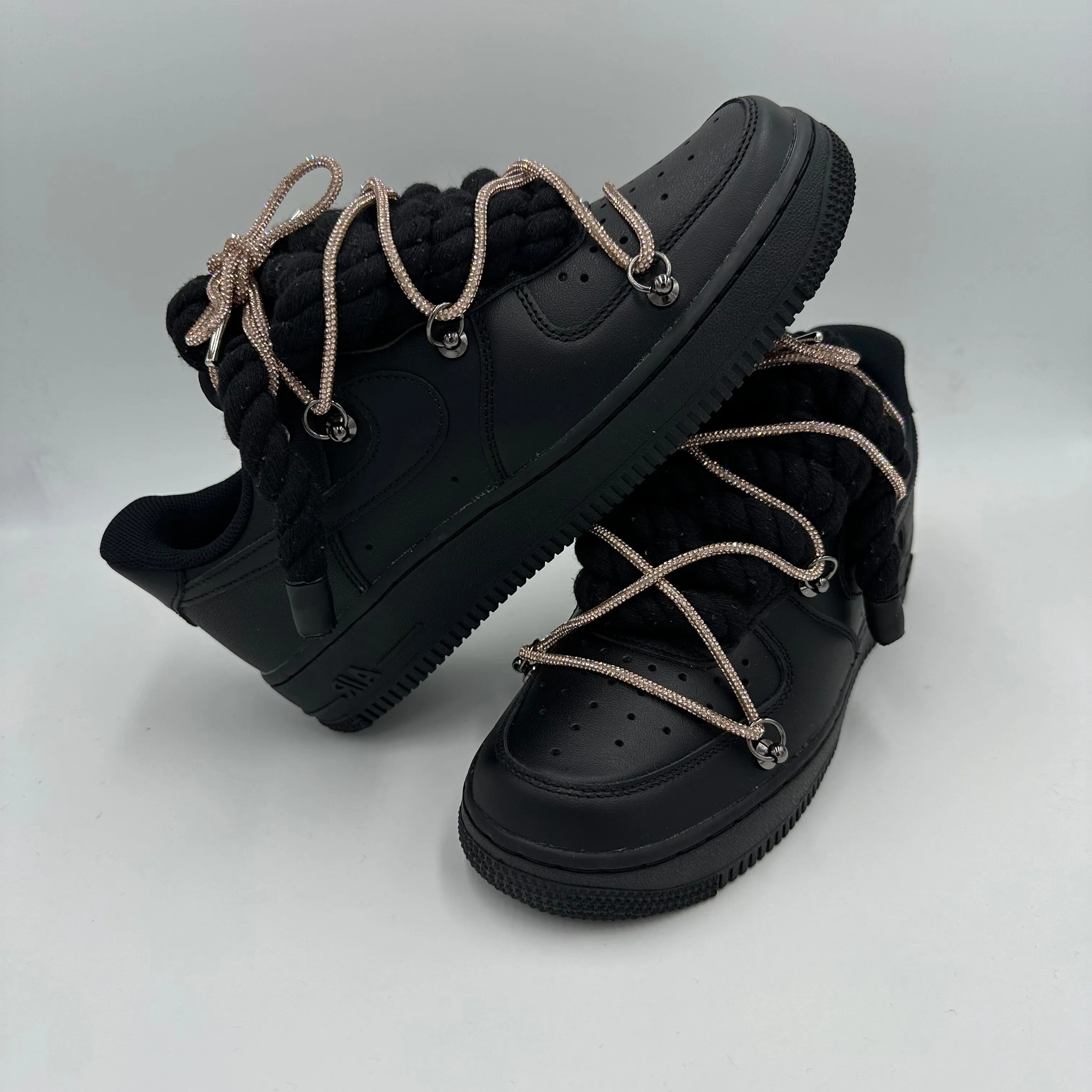 Nike Air Force 1 Black "Rope Laces Black" Triple Crystal Gold Metal Edge Queen Fit