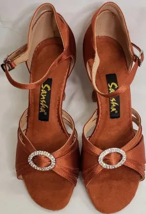 Rock Guard Toe Protection 3" Margarita -- Flare Heel Latin Sandal -- Dark Tan Satin