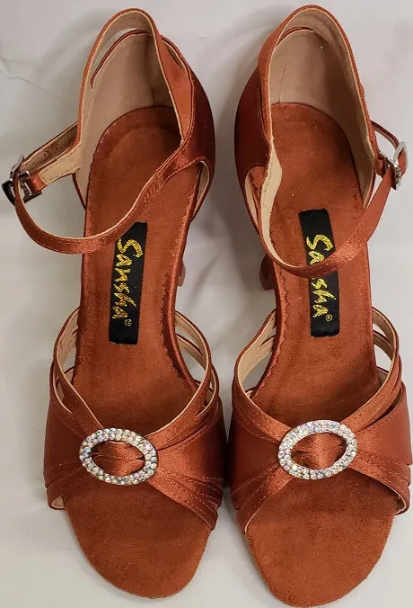 3" Margarita -- Flare Heel Latin Sandal -- Dark Tan Satin Smart Fit Heat Free