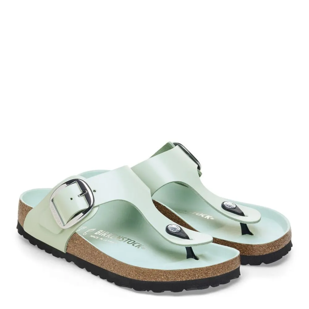 Weatherproof Birkenstock Women's Gizeh Big Buckle Natural Leather Patent in High-Shine Surf Green Mono Tone Elastic Band